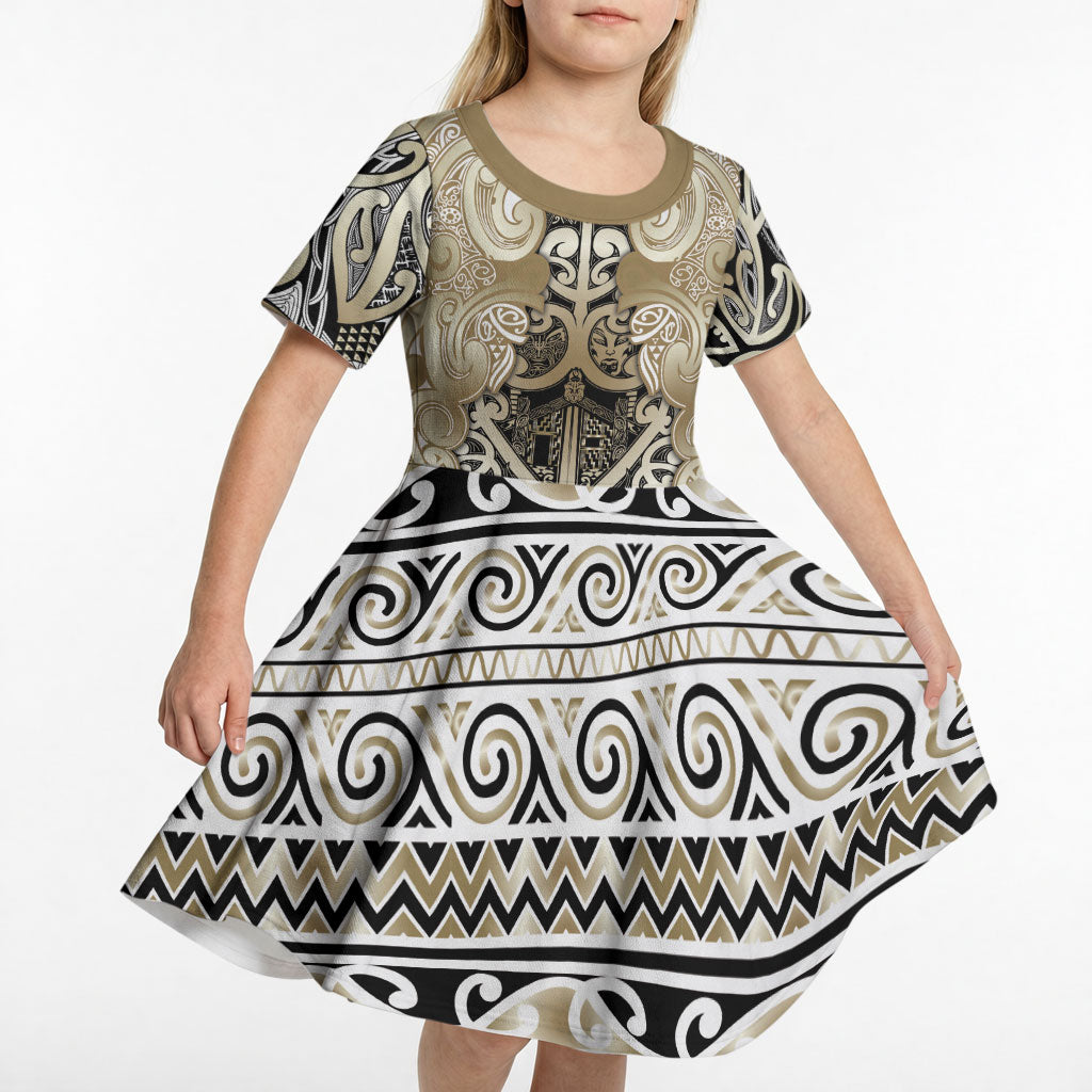 Aotearoa Iwi Waikato Tainui Kid Short Sleeve Dress Maori Wharenui House Tribal Pattern