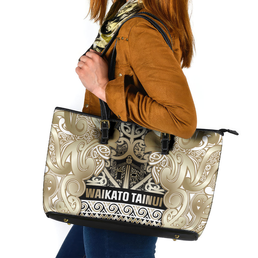 Aotearoa Iwi Waikato Tainui Leather Tote Bag Maori Wharenui House Tribal Pattern LT9 Light Gold - Polynesian Pride