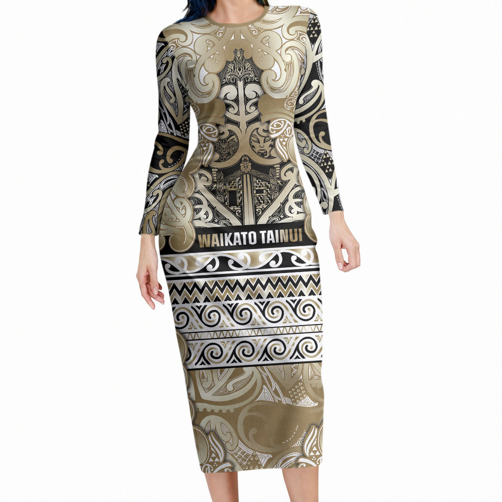 Aotearoa Iwi Waikato Tainui Long Sleeve Bodycon Dress Maori Wharenui House Tribal Pattern LT9 Long Dress Light Gold - Polynesian Pride