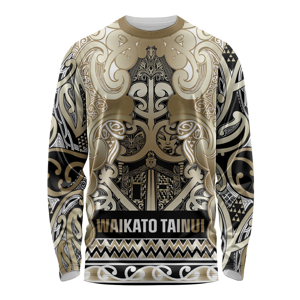 Aotearoa Iwi Waikato Tainui Long Sleeve Shirt Maori Wharenui House Tribal Pattern LT9 Unisex Light Gold - Polynesian Pride