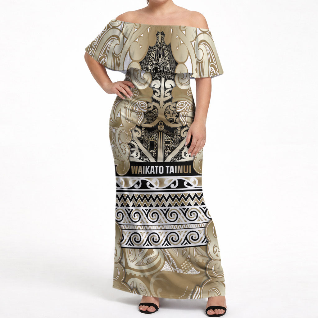 Aotearoa Iwi Waikato Tainui Off Shoulder Maxi Dress Maori Wharenui House Tribal Pattern LT9 Women Light Gold - Polynesian Pride