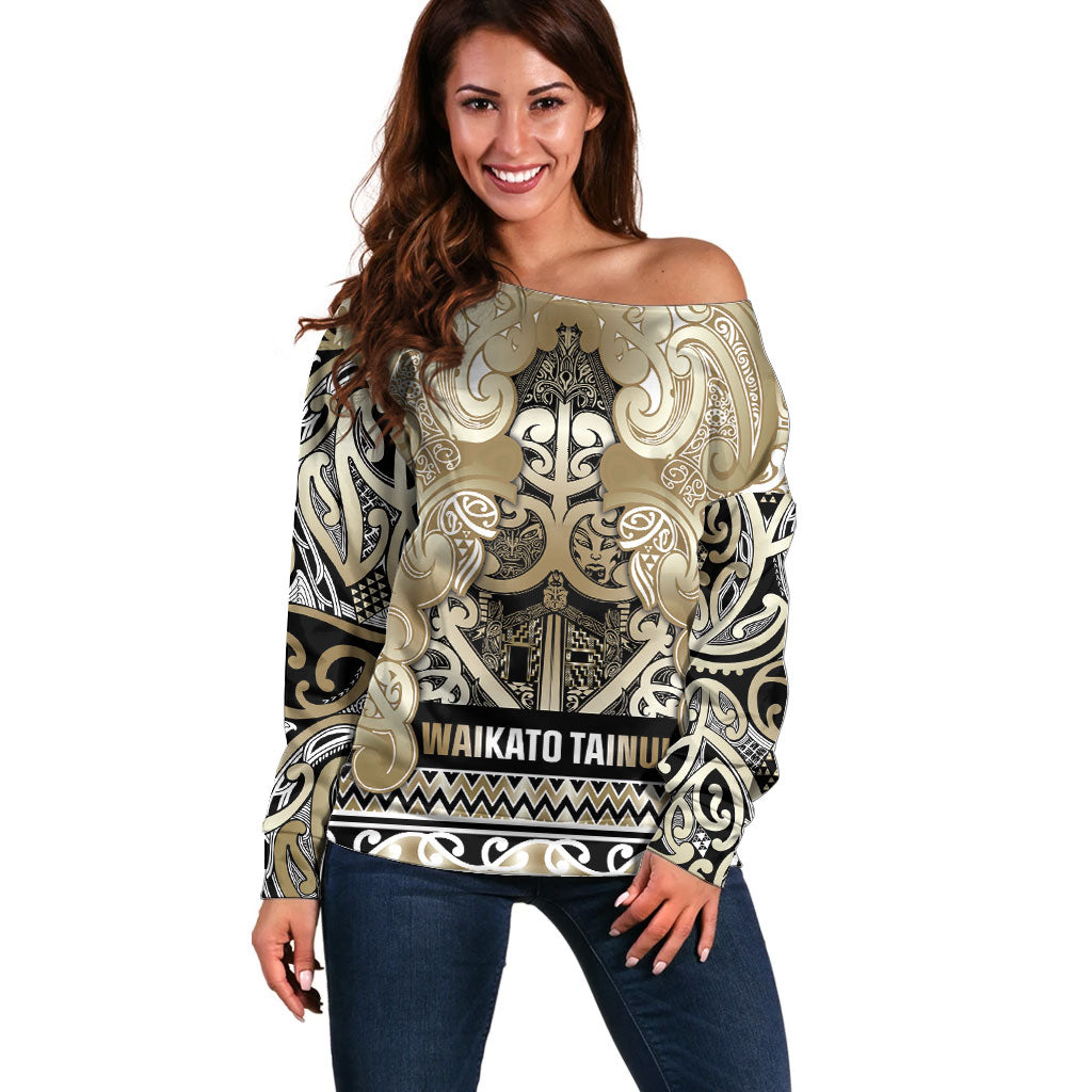 Aotearoa Iwi Waikato Tainui Off Shoulder Sweater Maori Wharenui House Tribal Pattern LT9 Women Light Gold - Polynesian Pride