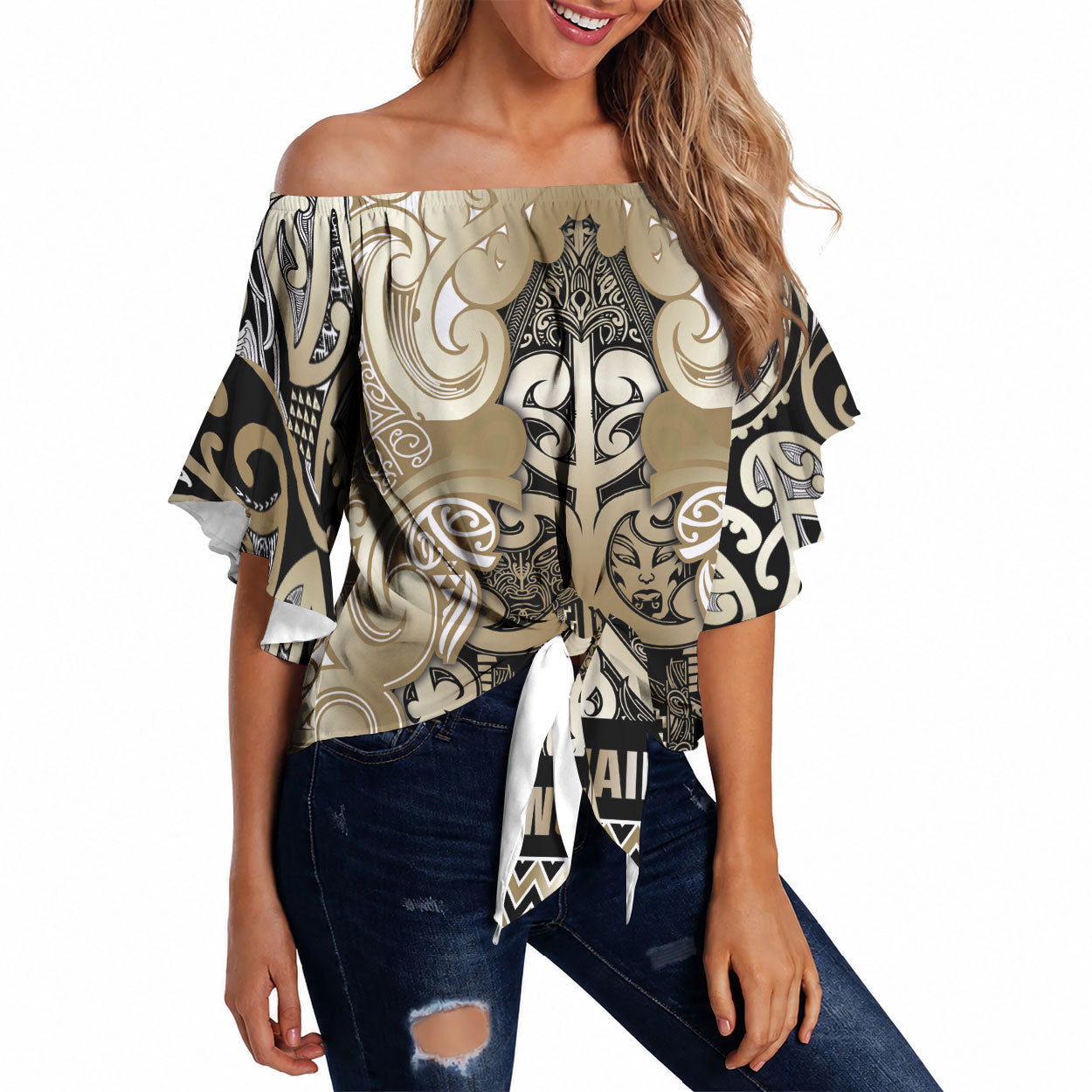 Aotearoa Iwi Waikato Tainui Off Shoulder Wrap Waist Top Maori Wharenui House Tribal Pattern LT9 Light Gold - Polynesian Pride