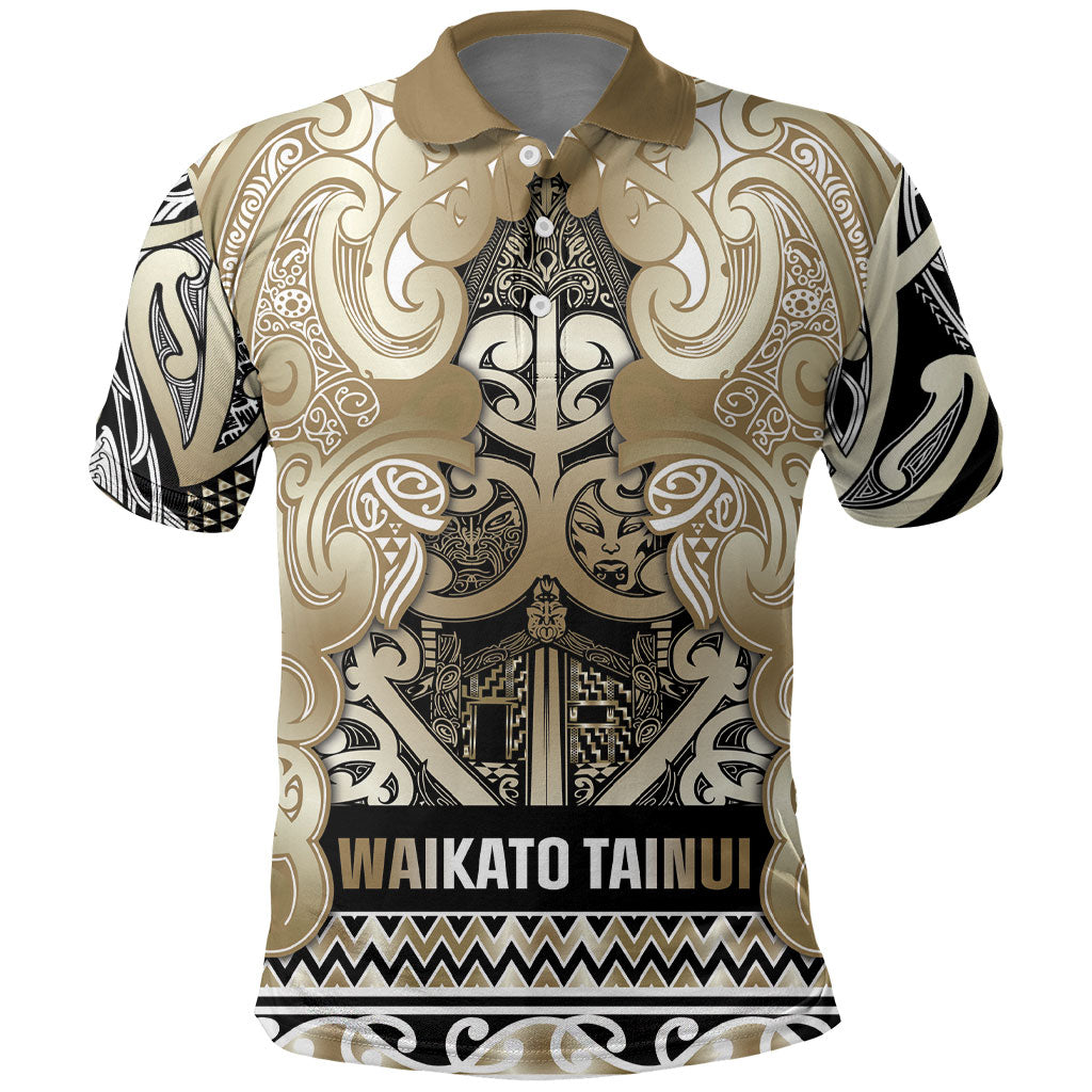 Aotearoa Iwi Waikato Tainui Polo Shirt Maori Wharenui House Tribal Pattern LT9 Light Gold - Polynesian Pride