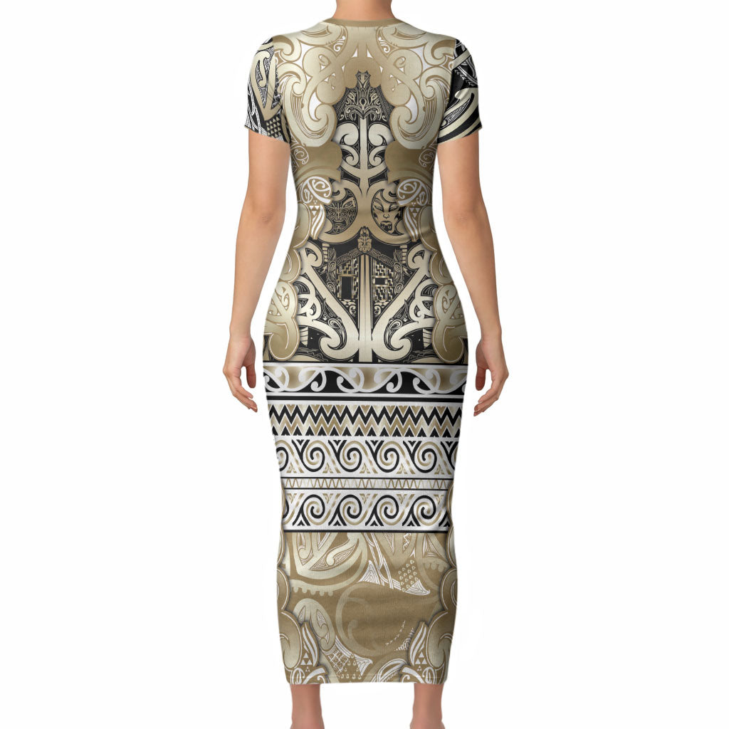 Aotearoa Iwi Waikato Tainui Short Sleeve Bodycon Dress Maori Wharenui House Tribal Pattern