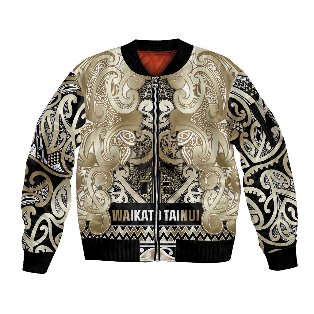 Aotearoa Iwi Waikato Tainui Sleeve Zip Bomber Jacket Maori Wharenui House Tribal Pattern LT9 Unisex Light Gold - Polynesian Pride