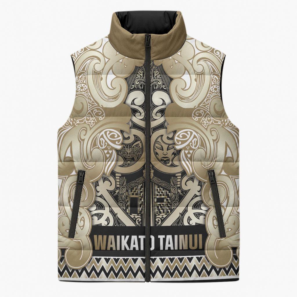 Aotearoa Iwi Waikato Tainui Sleeveless Puffer Jacket Maori Wharenui House Tribal Pattern LT9 Unisex Light Gold - Polynesian Pride
