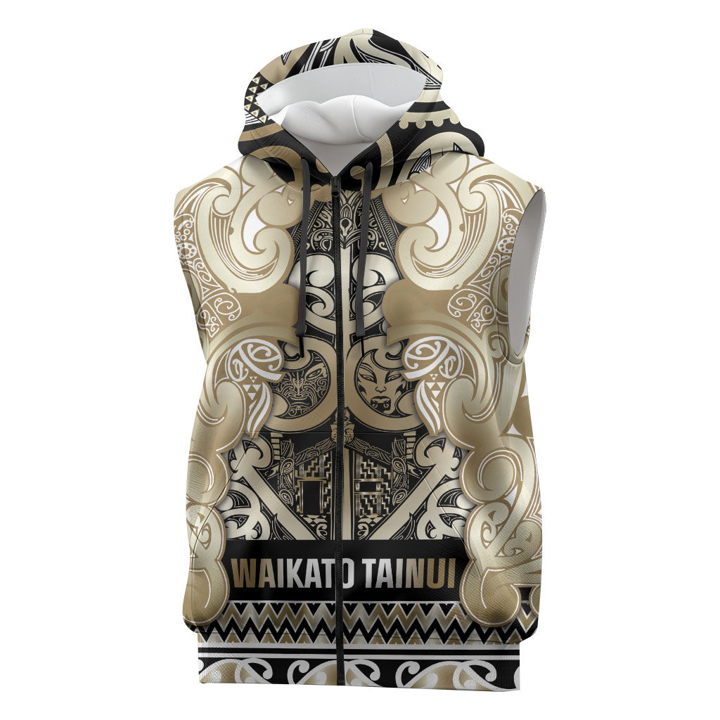 Aotearoa Iwi Waikato Tainui Sleeveless Zip Hoodie Maori Wharenui House Tribal Pattern LT9 Light Gold - Polynesian Pride