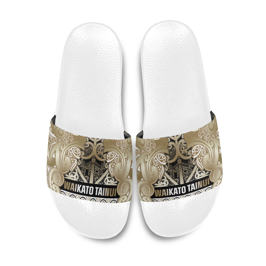 Aotearoa Iwi Waikato Tainui Slide Sandals Maori Wharenui House Tribal Pattern
