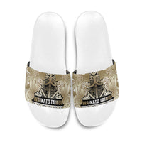 Aotearoa Iwi Waikato Tainui Slide Sandals Maori Wharenui House Tribal Pattern