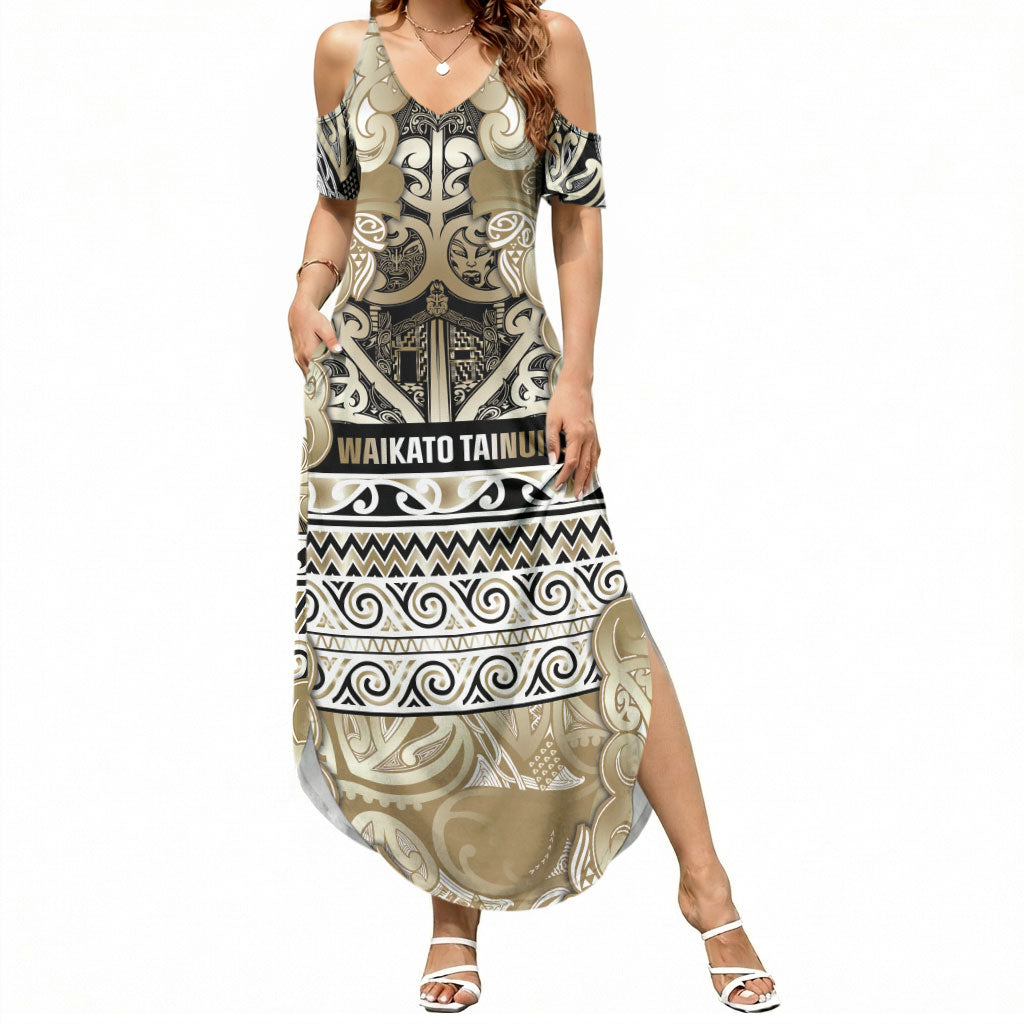 Aotearoa Iwi Waikato Tainui Summer Maxi Dress Maori Wharenui House Tribal Pattern LT9 Women Light Gold - Polynesian Pride