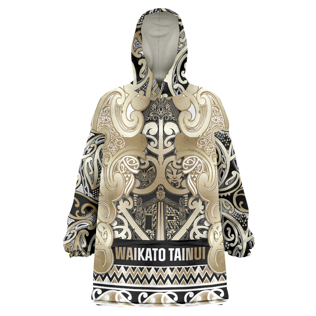 Aotearoa Iwi Waikato Tainui Wearable Blanket Hoodie Maori Wharenui House Tribal Pattern LT9 One Size Light Gold - Polynesian Pride