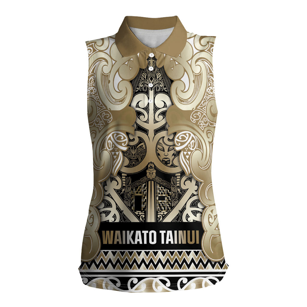 Aotearoa Iwi Waikato Tainui Women Sleeveless Polo Shirt Maori Wharenui House Tribal Pattern LT9 Female Light Gold - Polynesian Pride