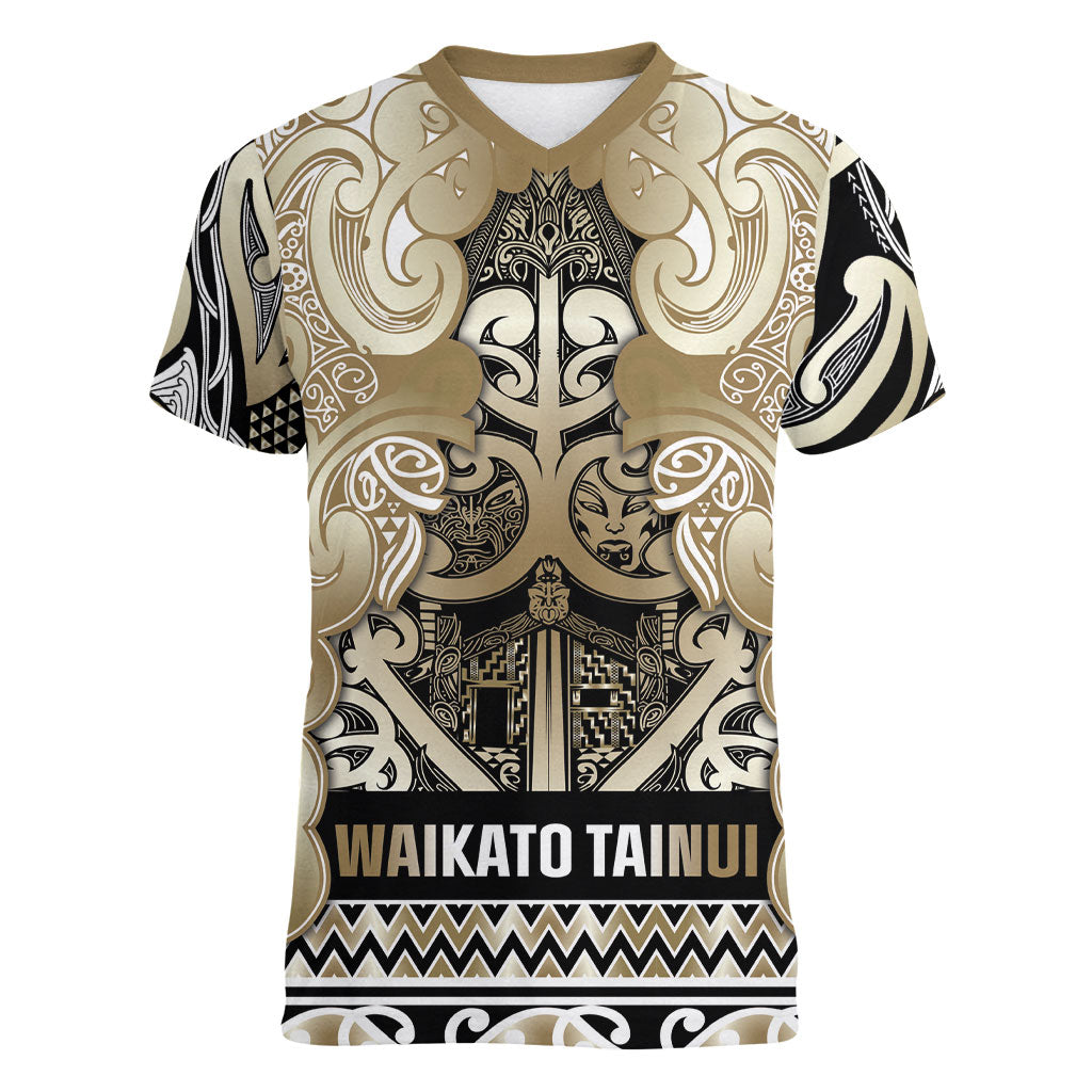 Aotearoa Iwi Waikato Tainui Women V-Neck T-Shirt Maori Wharenui House Tribal Pattern LT9 Female Light Gold - Polynesian Pride