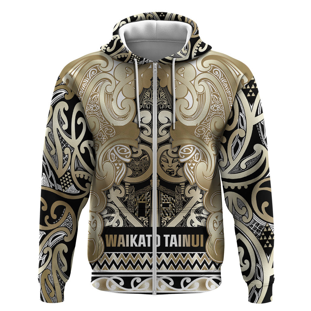 Aotearoa Iwi Waikato Tainui Zip Hoodie Maori Wharenui House Tribal Pattern LT9 Zip Hoodie Light Gold - Polynesian Pride