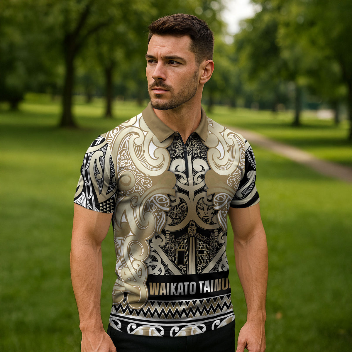 Aotearoa Iwi Waikato Tainui Zipper Polo Shirt Maori Wharenui House Tribal Pattern
