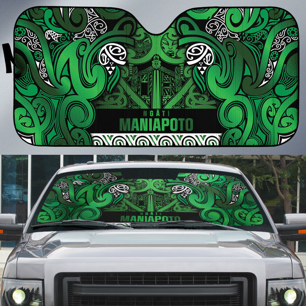 Aotearoa Iwi Ngati Maniapoto Auto Sun Shade Maori Wharenui House Tribal Pattern LT9 Dark green - Polynesian Pride