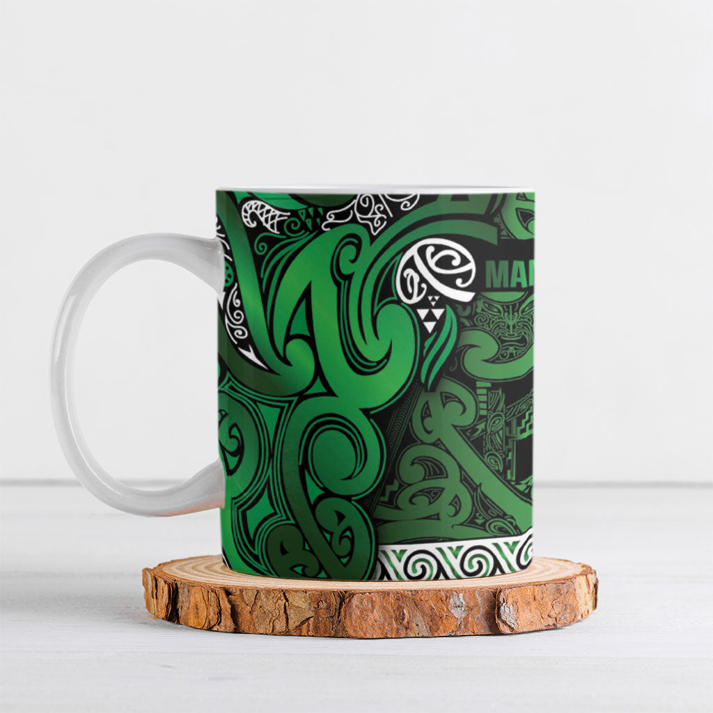 Aotearoa Iwi Ngati Maniapoto Ceramic Mug Maori Wharenui House Tribal Pattern LT9 Dark green - Polynesian Pride