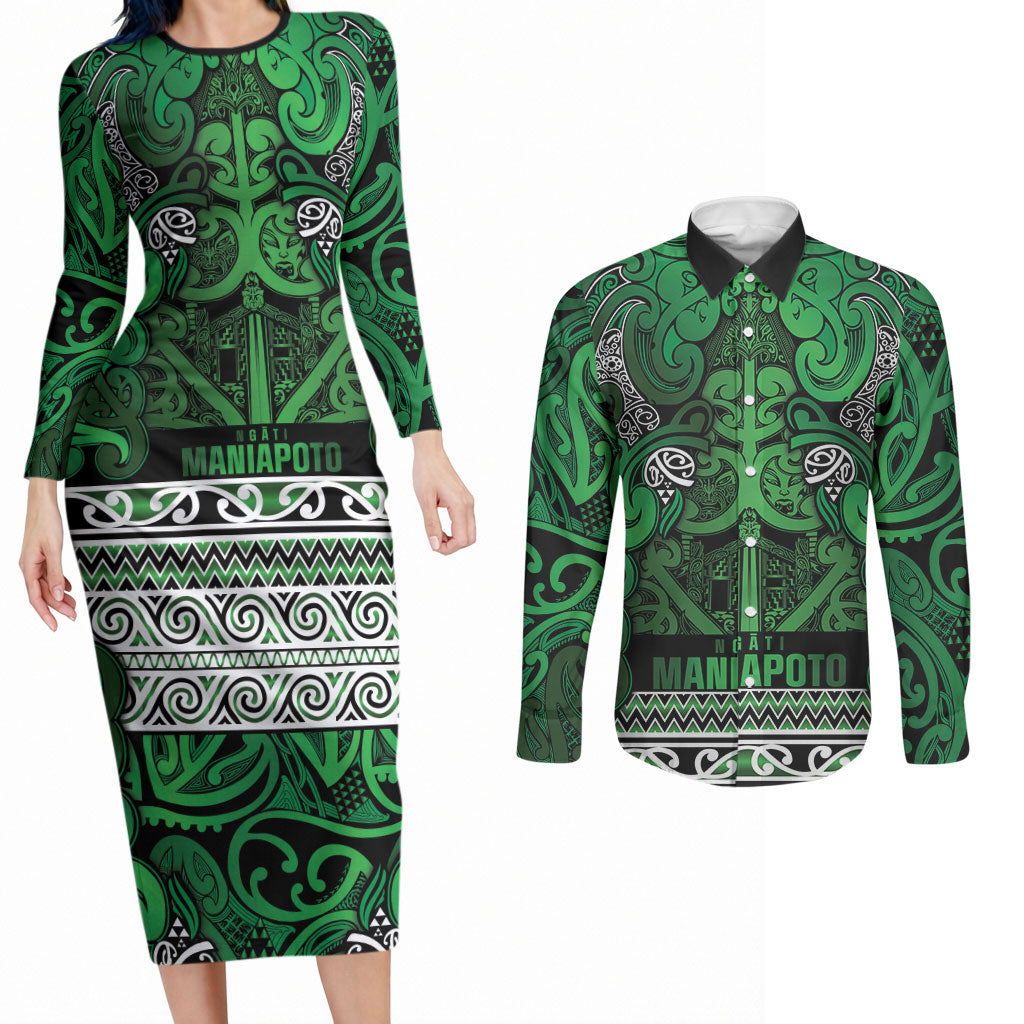 Aotearoa Iwi Ngati Maniapoto Couples Matching Long Sleeve Bodycon Dress and Long Sleeve Button Shirt Maori Wharenui House Tribal Pattern