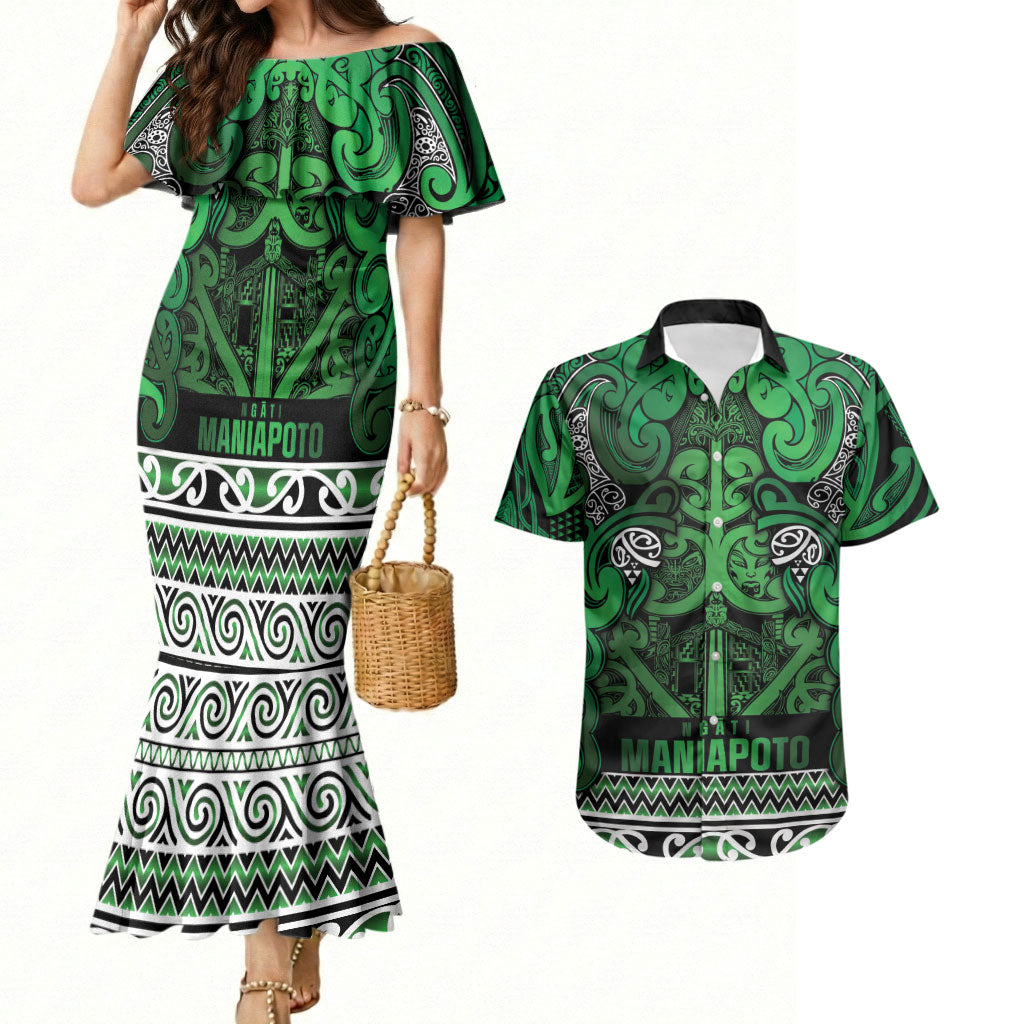 Aotearoa Iwi Ngati Maniapoto Couples Matching Mermaid Dress and Hawaiian Shirt Maori Wharenui House Tribal Pattern