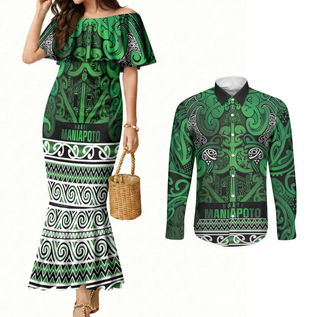 Aotearoa Iwi Ngati Maniapoto Couples Matching Mermaid Dress and Long Sleeve Button Shirt Maori Wharenui House Tribal Pattern