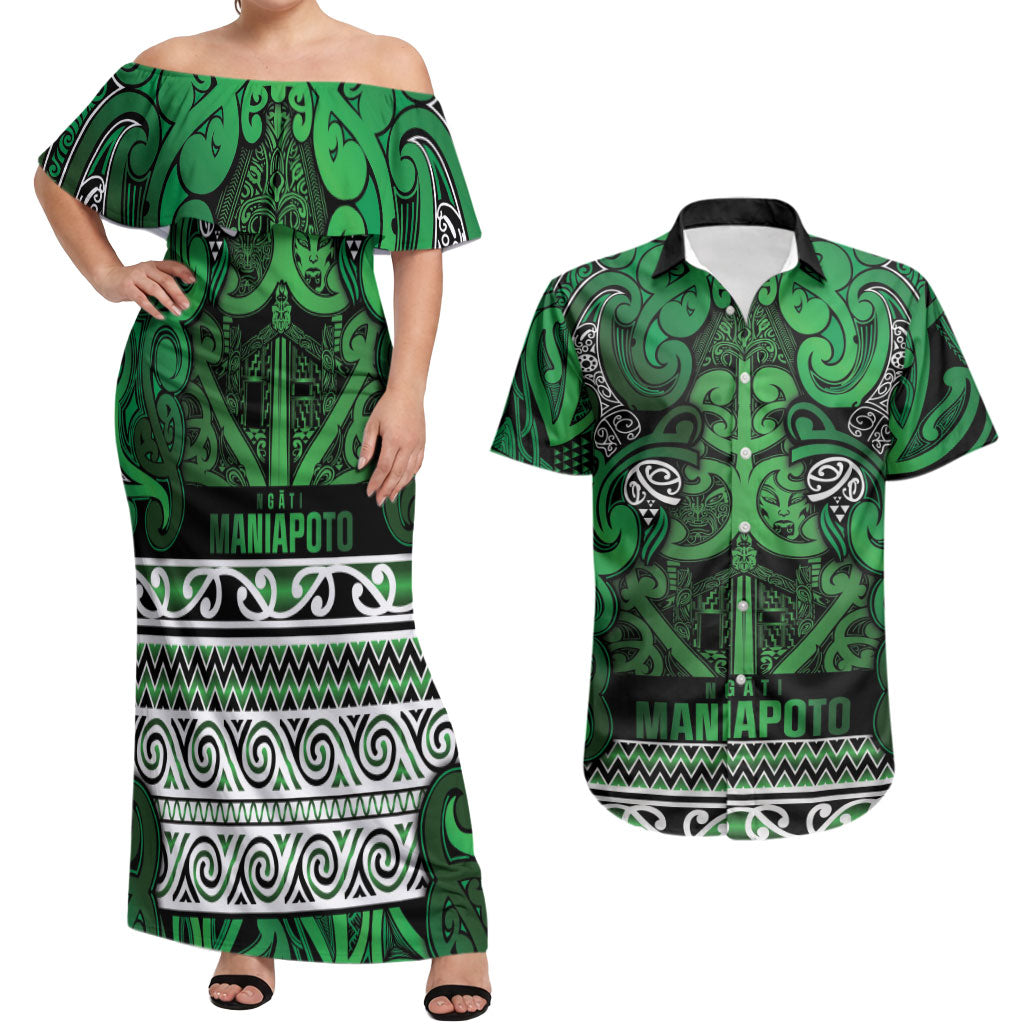 Aotearoa Iwi Ngati Maniapoto Couples Matching Off Shoulder Maxi Dress and Hawaiian Shirt Maori Wharenui House Tribal Pattern LT9 Dark green - Polynesian Pride