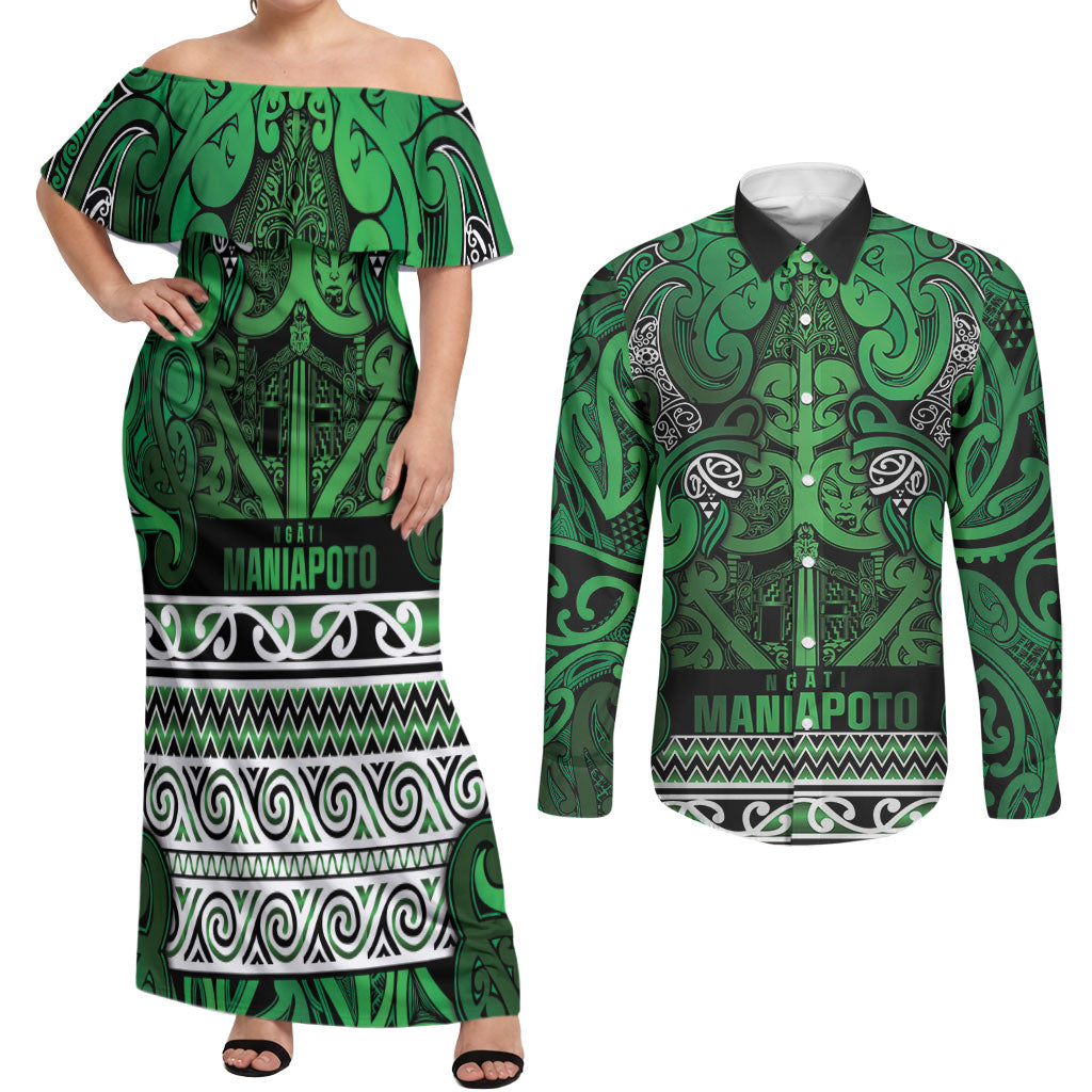 Aotearoa Iwi Ngati Maniapoto Couples Matching Off Shoulder Maxi Dress and Long Sleeve Button Shirt Maori Wharenui House Tribal Pattern LT9 Dark green - Polynesian Pride
