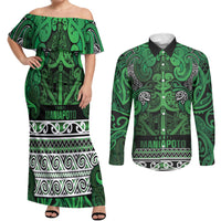 Aotearoa Iwi Ngati Maniapoto Couples Matching Off Shoulder Maxi Dress and Long Sleeve Button Shirt Maori Wharenui House Tribal Pattern