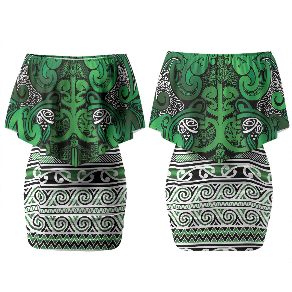 Aotearoa Iwi Ngati Maniapoto Couples Matching Off Shoulder Short Dress and Long Sleeve Button Shirt Maori Wharenui House Tribal Pattern