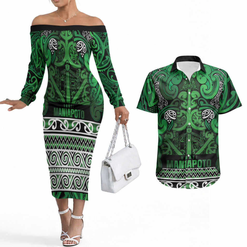 Aotearoa Iwi Ngati Maniapoto Couples Matching Off The Shoulder Long Sleeve Dress and Hawaiian Shirt Maori Wharenui House Tribal Pattern LT9 Dark green - Polynesian Pride