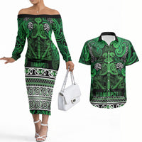 Aotearoa Iwi Ngati Maniapoto Couples Matching Off The Shoulder Long Sleeve Dress and Hawaiian Shirt Maori Wharenui House Tribal Pattern
