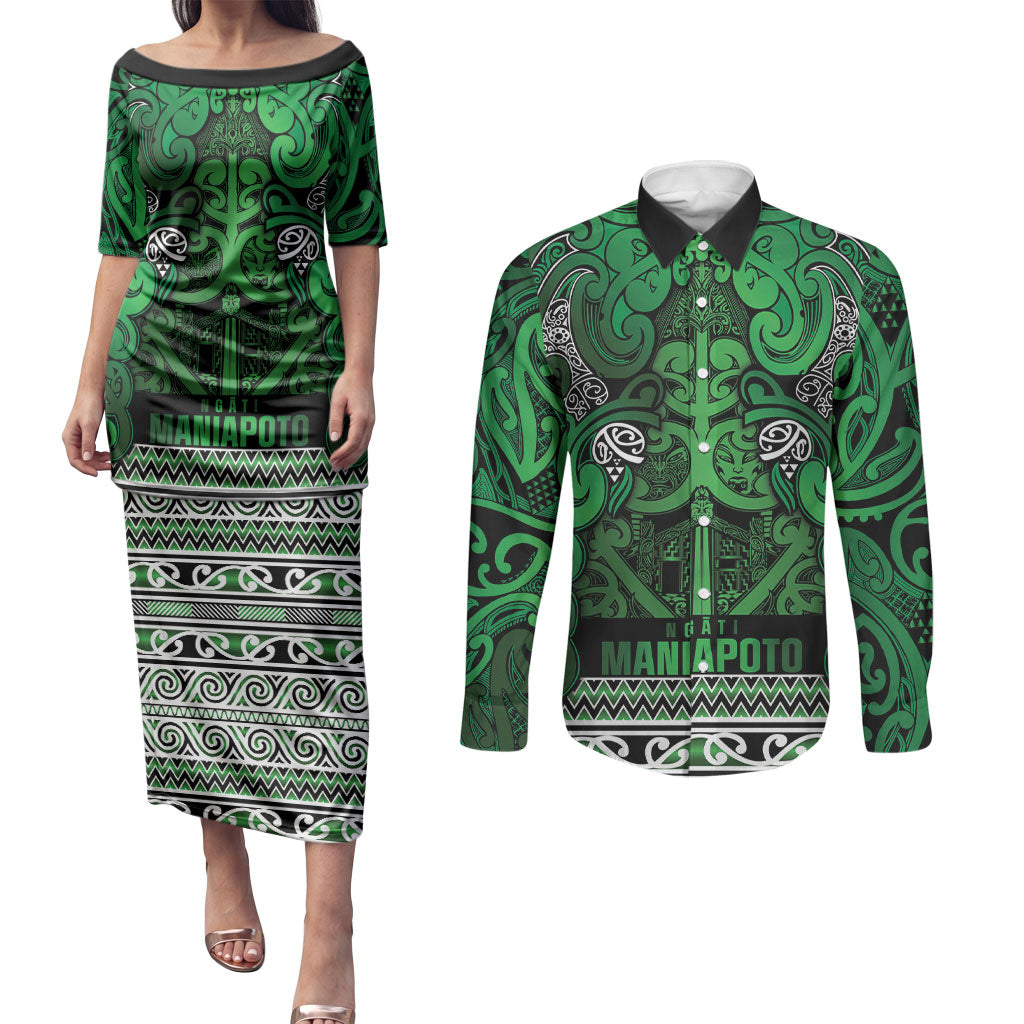 Aotearoa Iwi Ngati Maniapoto Couples Matching Puletasi and Long Sleeve Button Shirt Maori Wharenui House Tribal Pattern