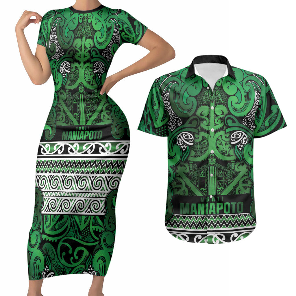 Aotearoa Iwi Ngati Maniapoto Couples Matching Short Sleeve Bodycon Dress and Hawaiian Shirt Maori Wharenui House Tribal Pattern