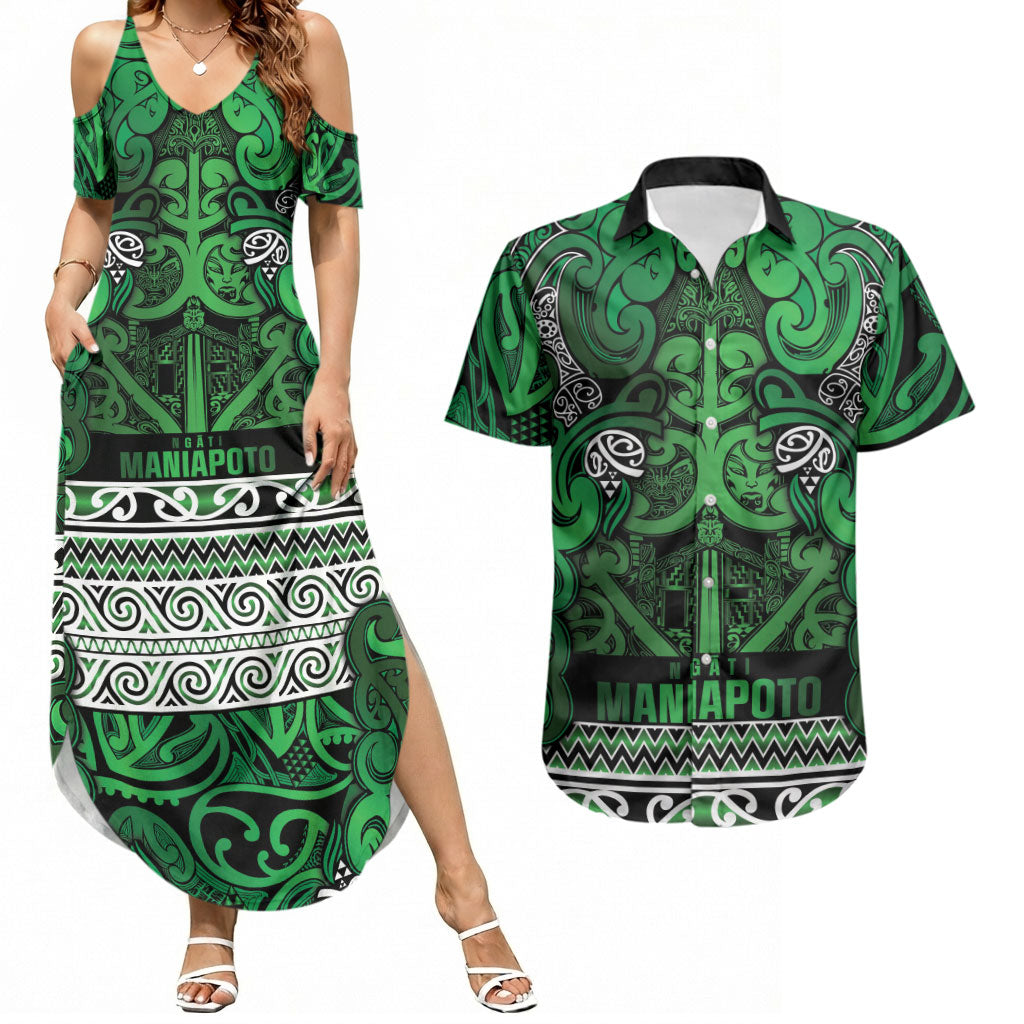 Aotearoa Iwi Ngati Maniapoto Couples Matching Summer Maxi Dress and Hawaiian Shirt Maori Wharenui House Tribal Pattern LT9 Dark green - Polynesian Pride