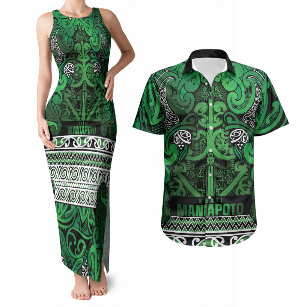 Aotearoa Iwi Ngati Maniapoto Couples Matching Tank Maxi Dress and Hawaiian Shirt Maori Wharenui House Tribal Pattern LT9 Dark green - Polynesian Pride