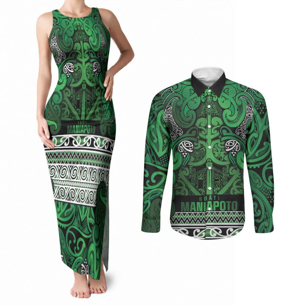 Aotearoa Iwi Ngati Maniapoto Couples Matching Tank Maxi Dress and Long Sleeve Button Shirt Maori Wharenui House Tribal Pattern LT9 Dark green - Polynesian Pride