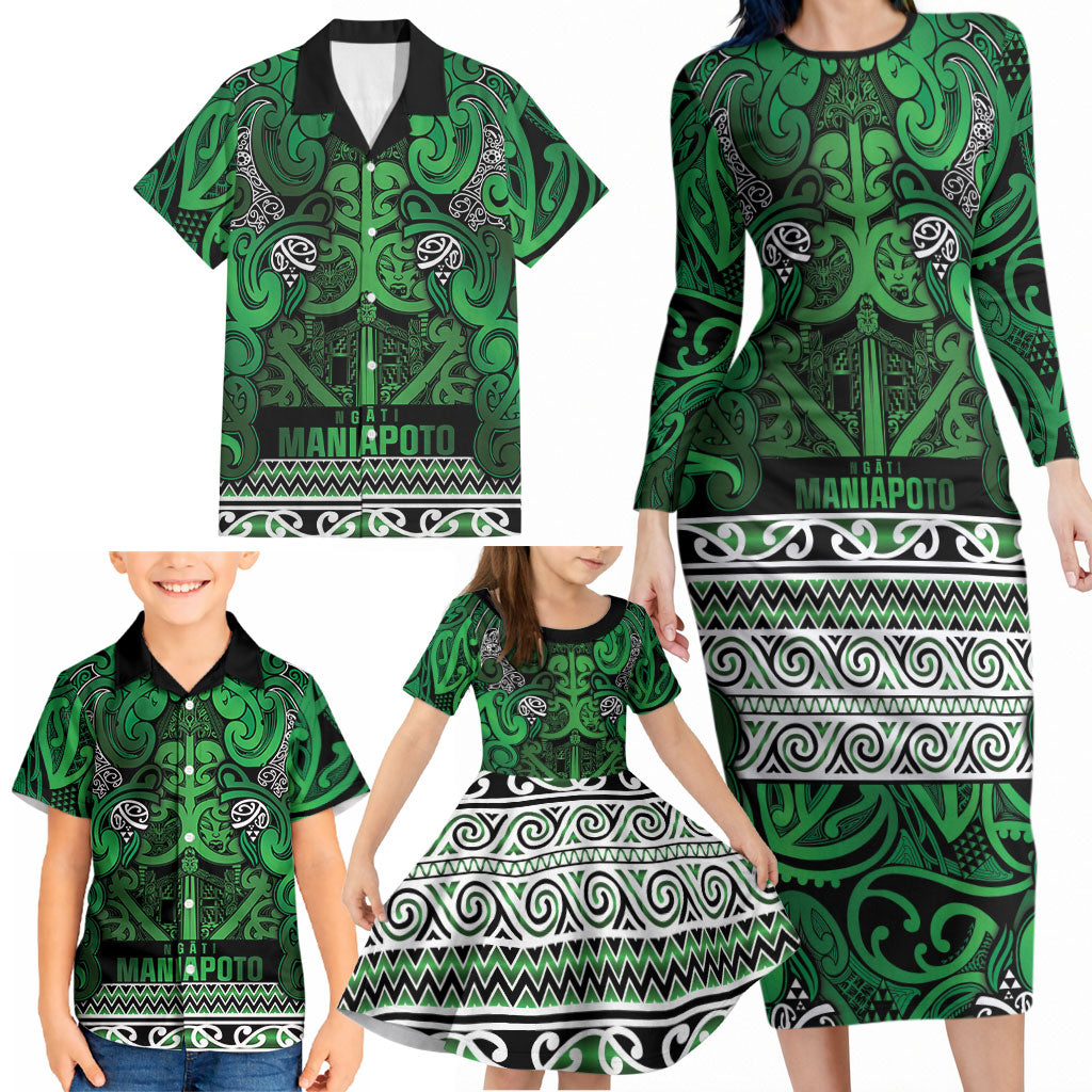 Aotearoa Iwi Ngati Maniapoto Family Matching Long Sleeve Bodycon Dress and Hawaiian Shirt Maori Wharenui House Tribal Pattern