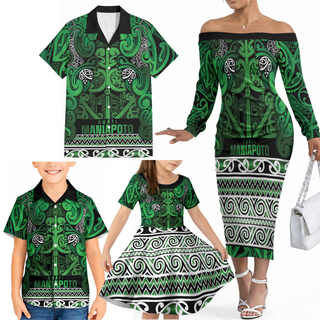 Aotearoa Iwi Ngati Maniapoto Family Matching Off The Shoulder Long Sleeve Dress and Hawaiian Shirt Maori Wharenui House Tribal Pattern LT9 - Polynesian Pride