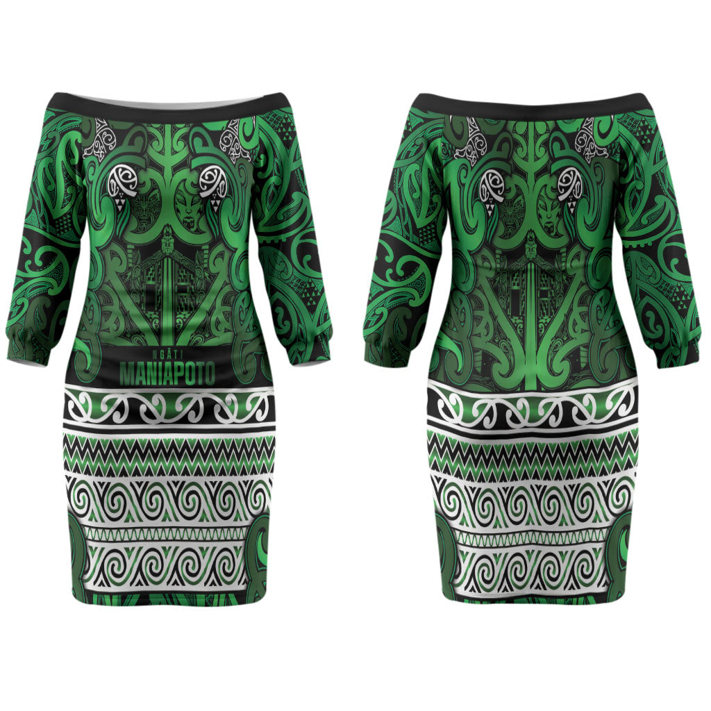 Aotearoa Iwi Ngati Maniapoto Family Matching Off The Shoulder Long Sleeve Dress and Hawaiian Shirt Maori Wharenui House Tribal Pattern