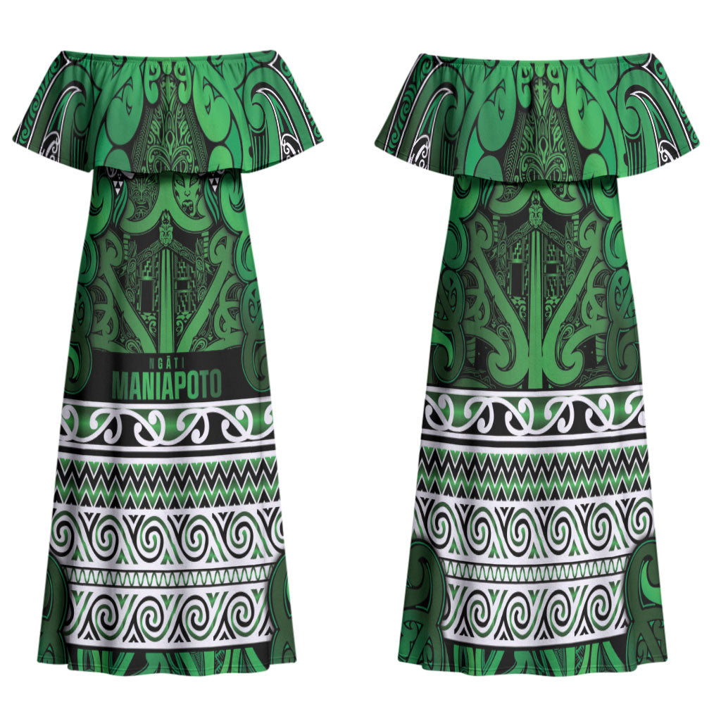Aotearoa Iwi Ngati Maniapoto Family Matching Off Shoulder Maxi Dress and Hawaiian Shirt Maori Wharenui House Tribal Pattern