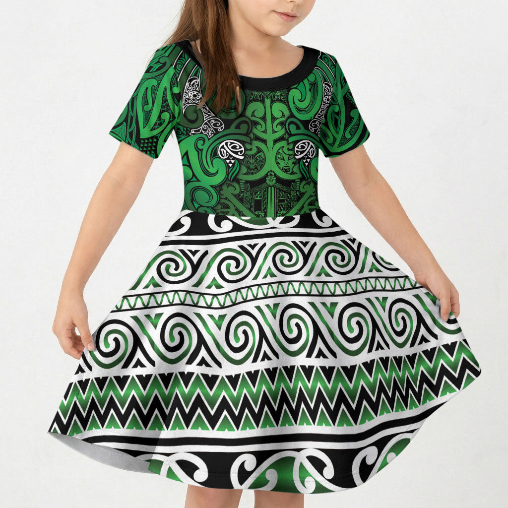 Aotearoa Iwi Ngati Maniapoto Kid Short Sleeve Dress Maori Wharenui House Tribal Pattern