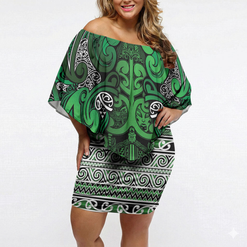 Aotearoa Iwi Ngati Maniapoto Off Shoulder Short Dress Maori Wharenui House Tribal Pattern LT9 Women Dark green - Polynesian Pride