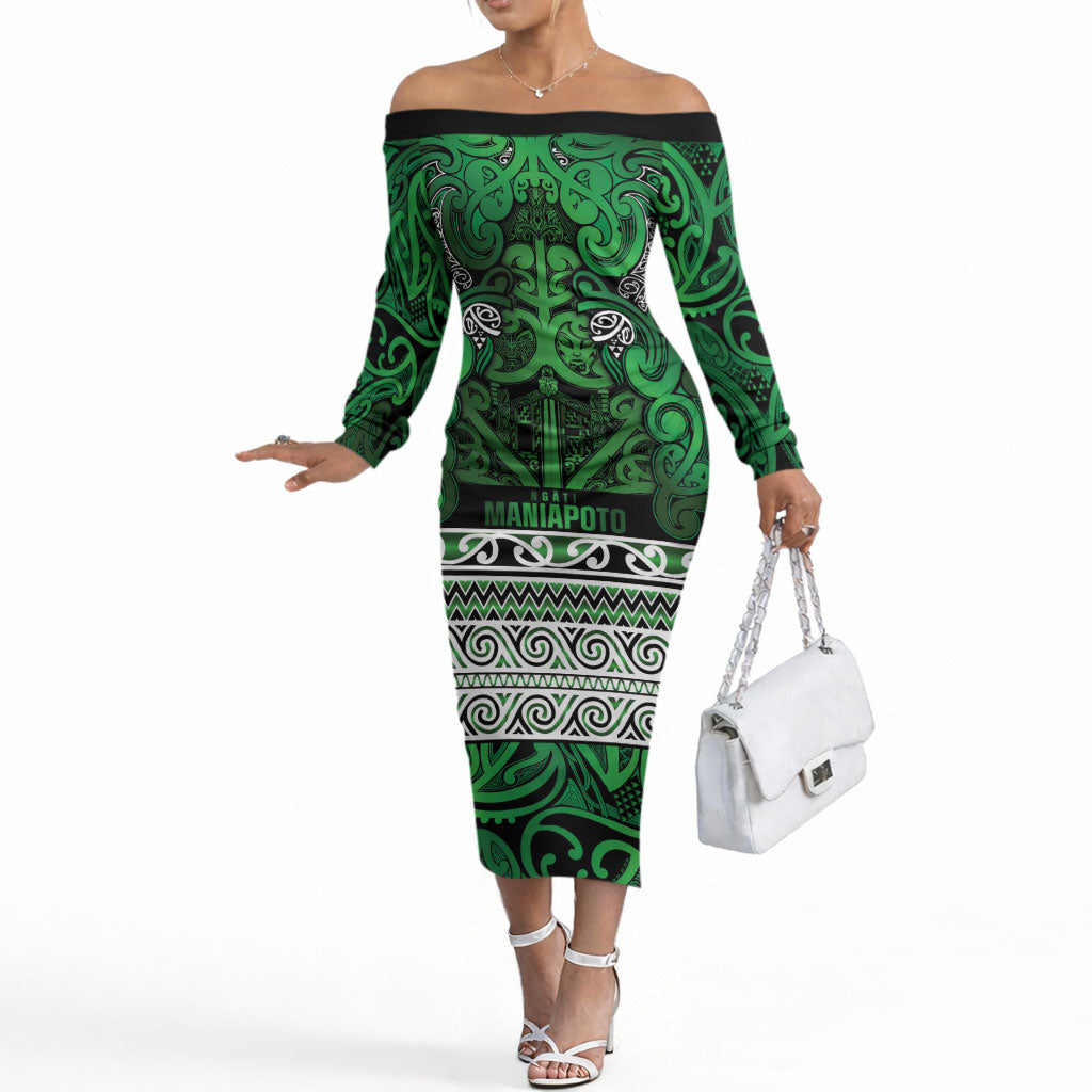 Aotearoa Iwi Ngati Maniapoto Off The Shoulder Long Sleeve Dress Maori Wharenui House Tribal Pattern LT9 Women Dark green - Polynesian Pride