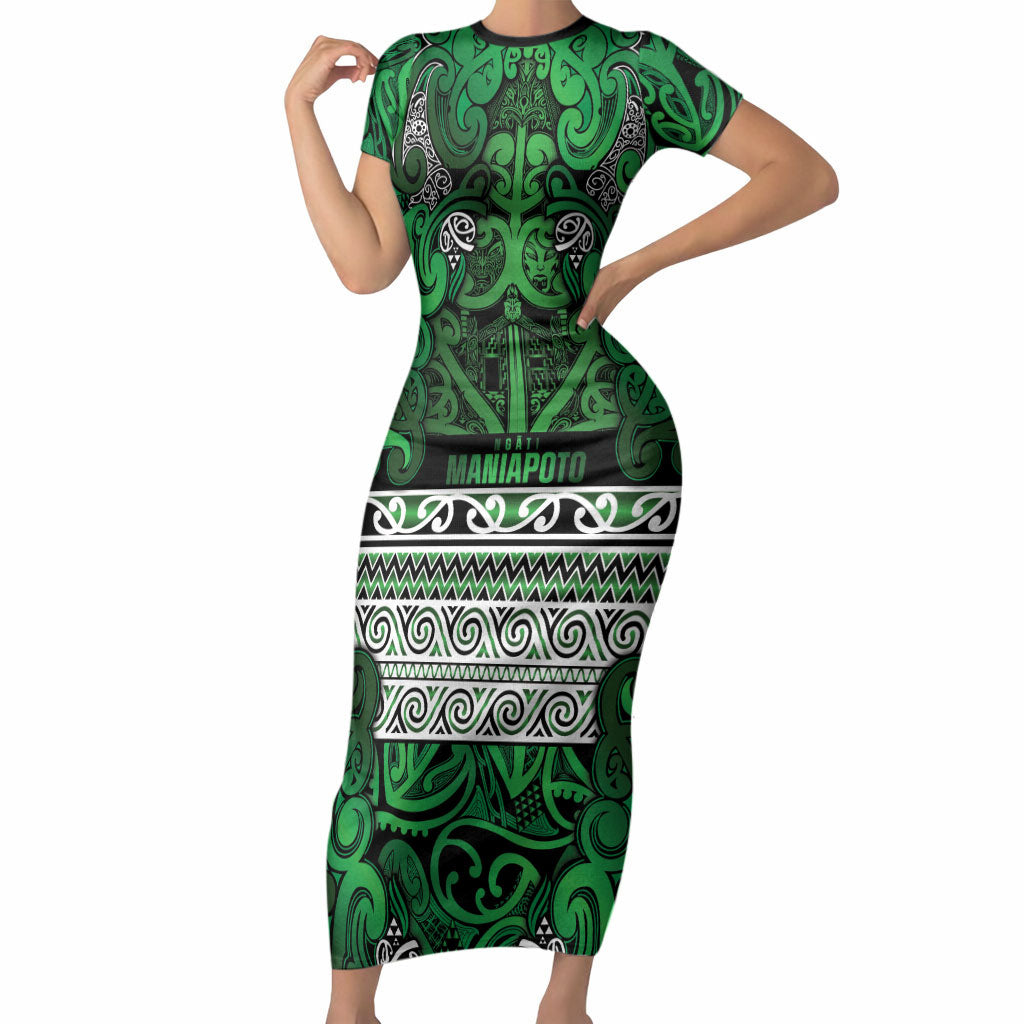 Aotearoa Iwi Ngati Maniapoto Short Sleeve Bodycon Dress Maori Wharenui House Tribal Pattern LT9 Long Dress Dark green - Polynesian Pride