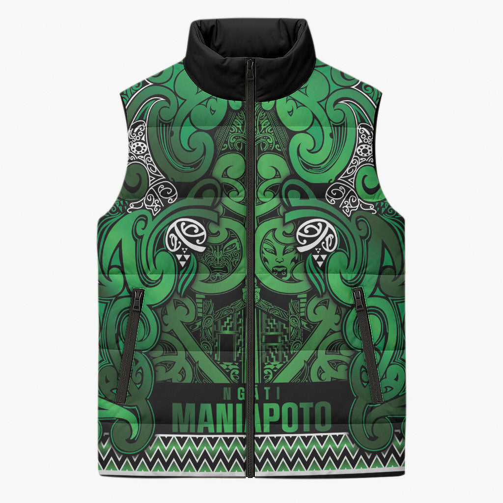 Aotearoa Iwi Ngati Maniapoto Sleeveless Puffer Jacket Maori Wharenui House Tribal Pattern LT9 Unisex Dark green - Polynesian Pride