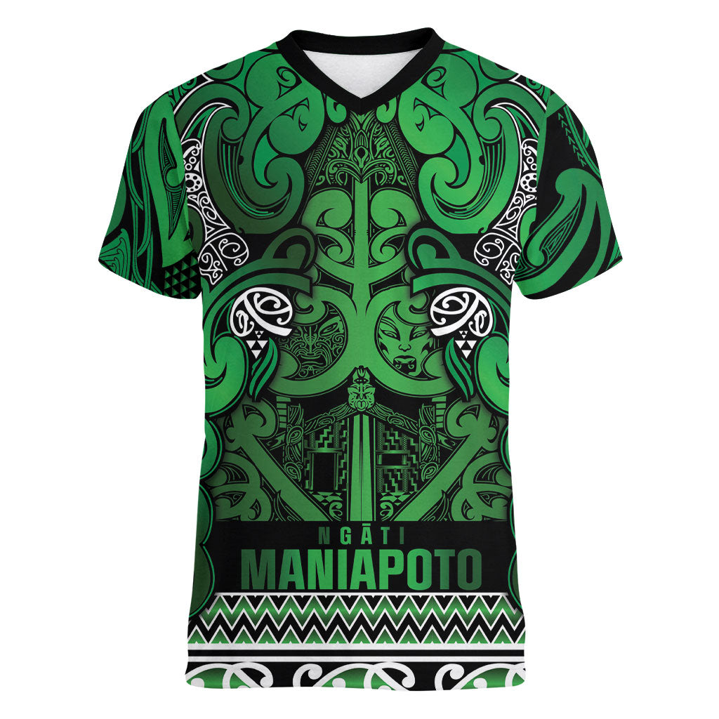 Aotearoa Iwi Ngati Maniapoto Women V-Neck T-Shirt Maori Wharenui House Tribal Pattern