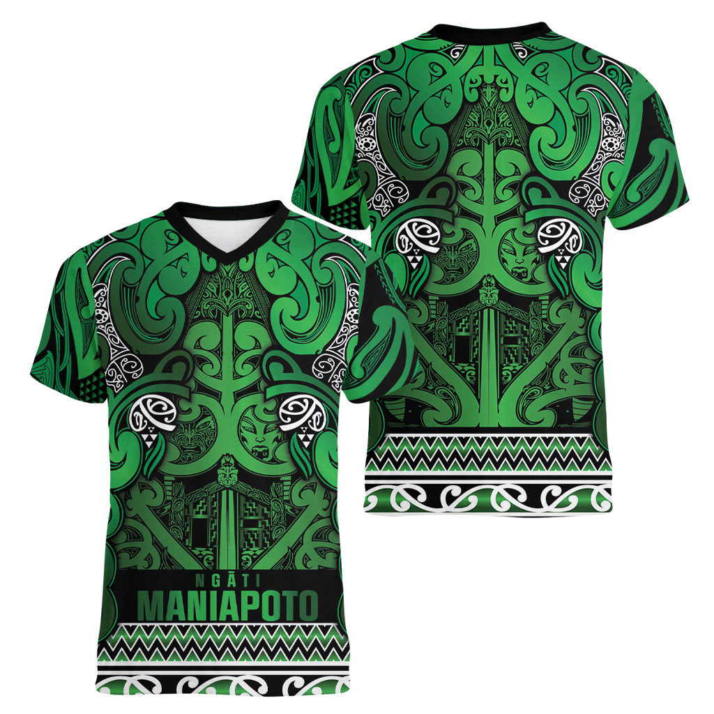 Aotearoa Iwi Ngati Maniapoto Women V-Neck T-Shirt Maori Wharenui House Tribal Pattern