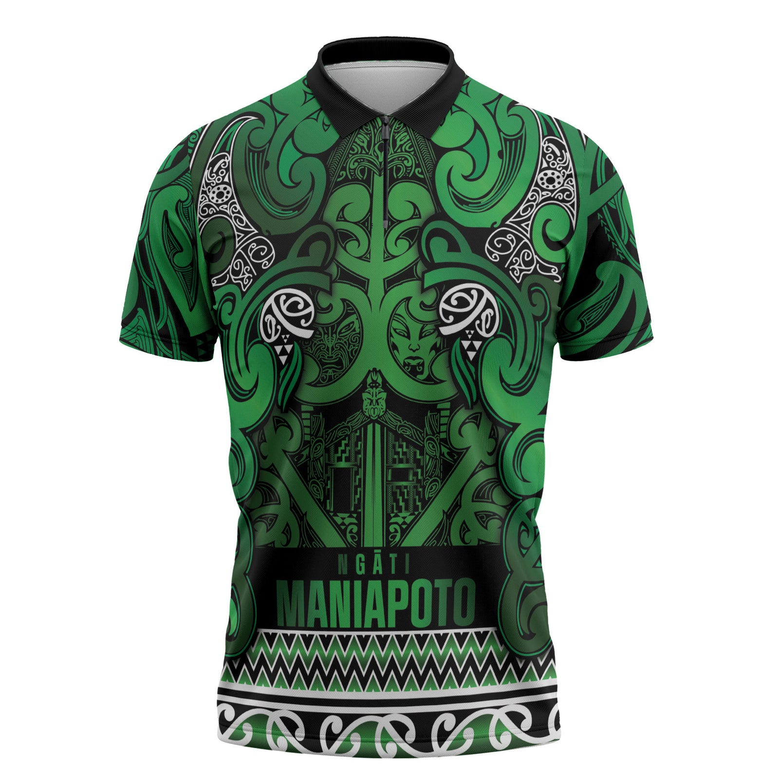 Aotearoa Iwi Ngati Maniapoto Zipper Polo Shirt Maori Wharenui House Tribal Pattern LT9 Dark green - Polynesian Pride