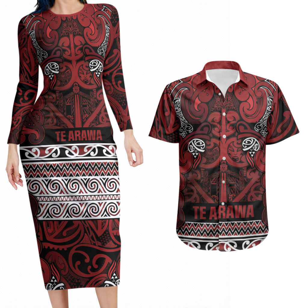 Aotearoa Iwi Te Arawa Couples Matching Long Sleeve Bodycon Dress and Hawaiian Shirt Maori Wharenui House Tribal Pattern
