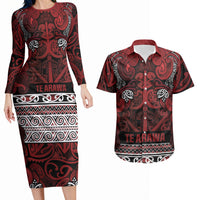 Aotearoa Iwi Te Arawa Couples Matching Long Sleeve Bodycon Dress and Hawaiian Shirt Maori Wharenui House Tribal Pattern